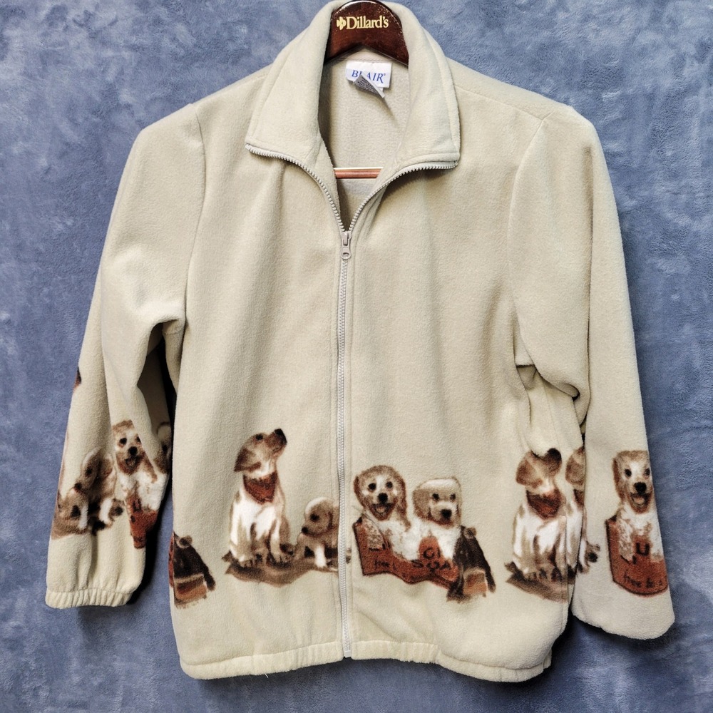 Blair Womens Fleece Jacket Full Zip Tan Puppy Dog Print Size Medium‎ Cozy Warm